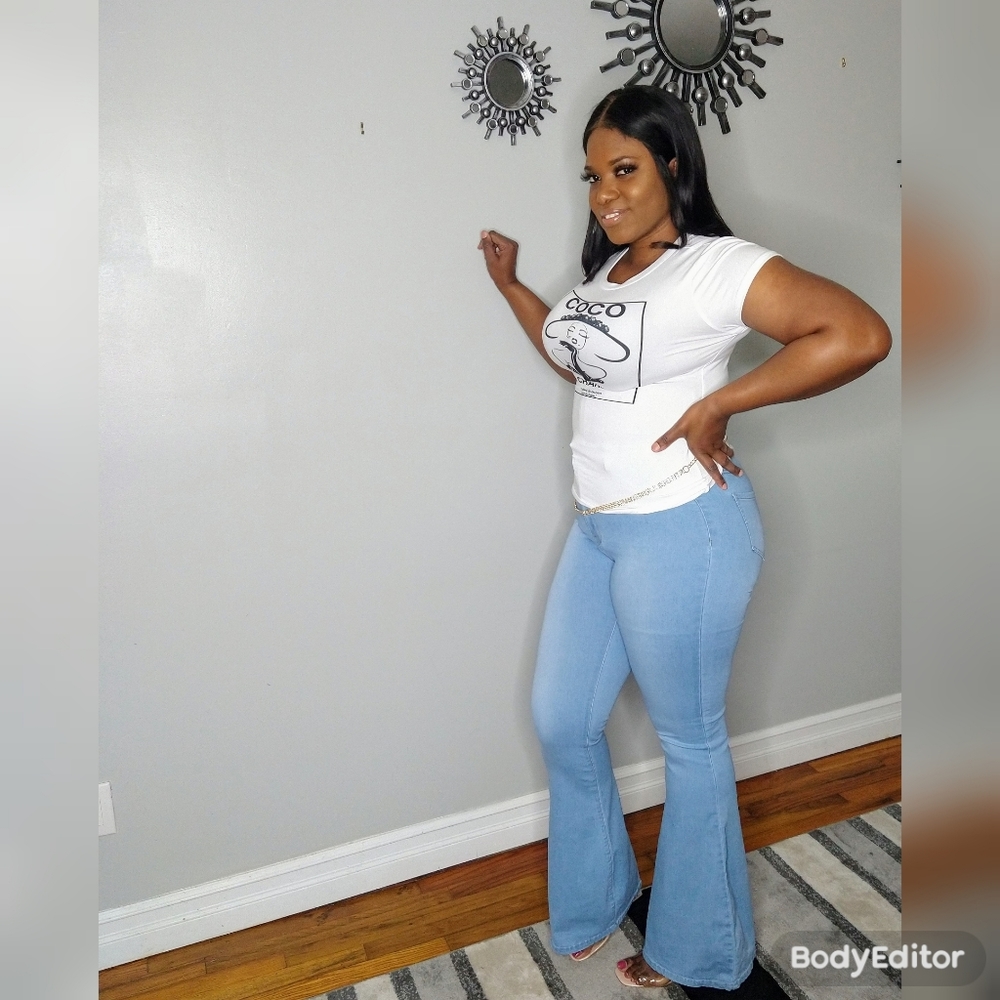 Light blue flare jeans.